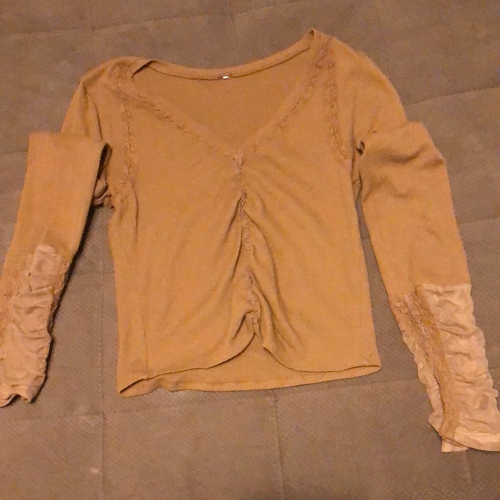 Free People Tan Ruched Blouse with Long Sleeves